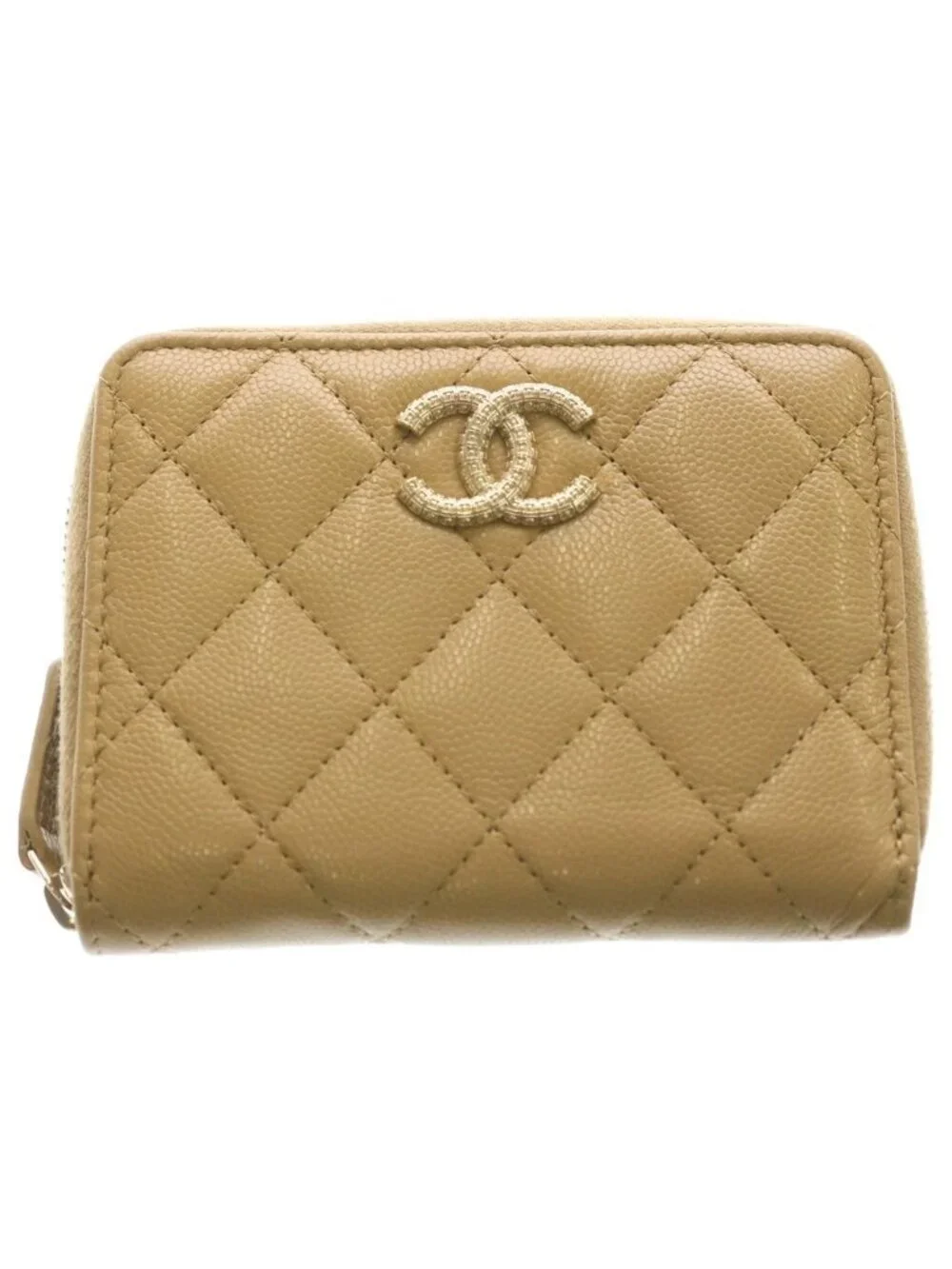 Chanel CC Logo Quilted Caviar Leather Round Zip Compact Wallet Beige Gold